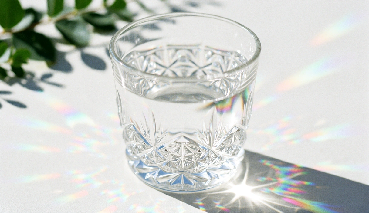 Lichtbrechung in einem Kristallglas mit Wasser